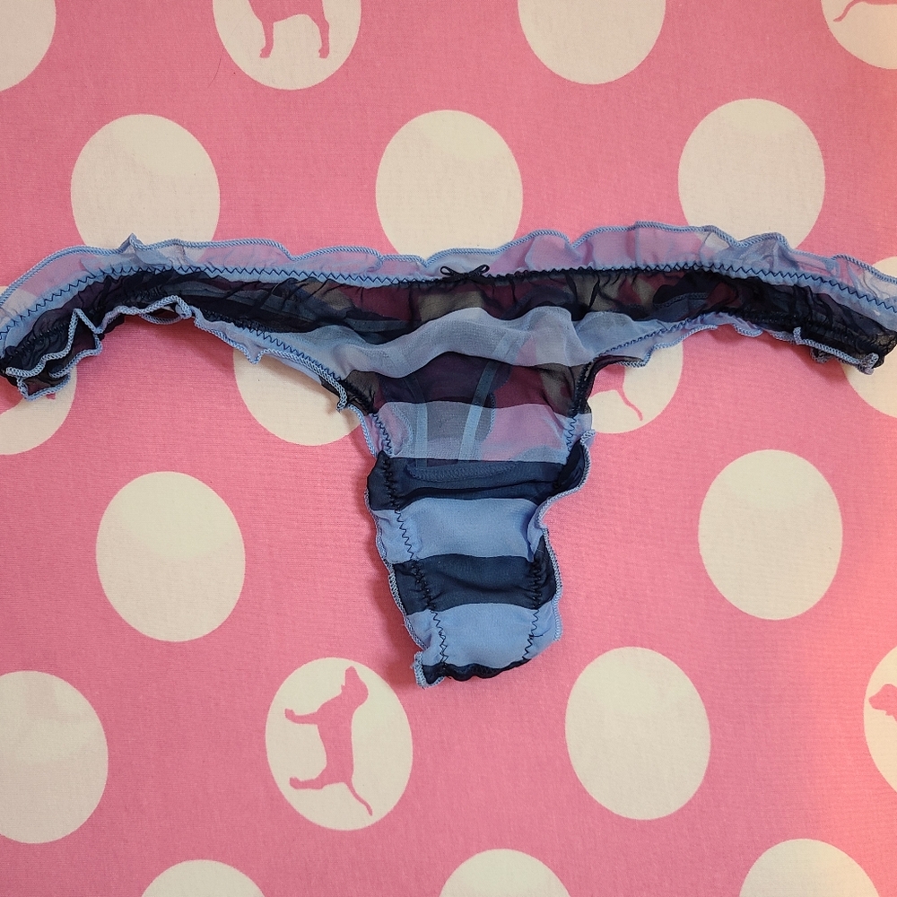 Rare VTG VS PINK Extra Low Rise Chiffon Ruffle Thong Panty Size M Blue